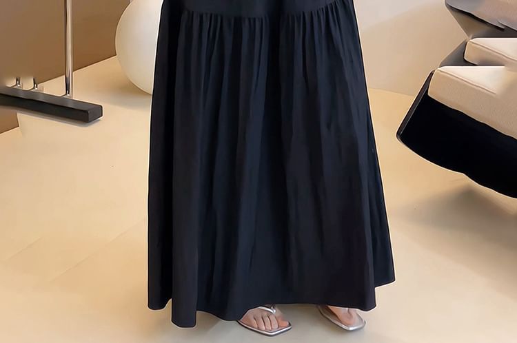 Cap-Sleeve Round Neck Plain Ruched Maxi A-Line Dress