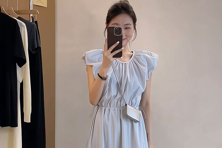 Cap-Sleeve Round Neck Plain Ruched Maxi A-Line Dress