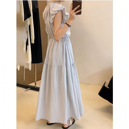 Cap-Sleeve Round Neck Plain Ruched Maxi A-Line Dress