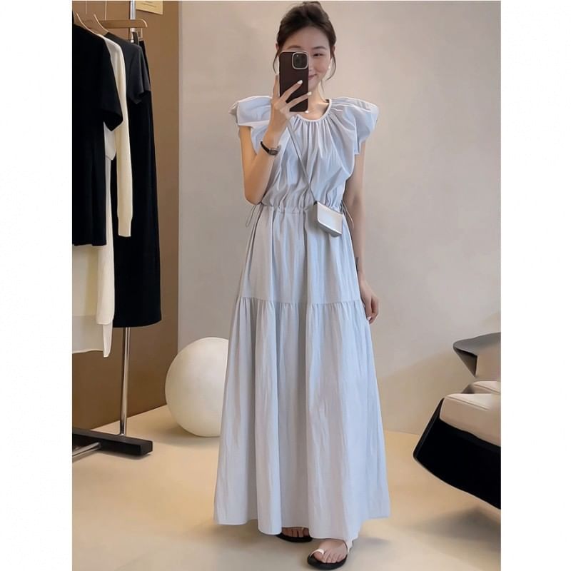 Cap-Sleeve Round Neck Plain Ruched Maxi A-Line Dress
