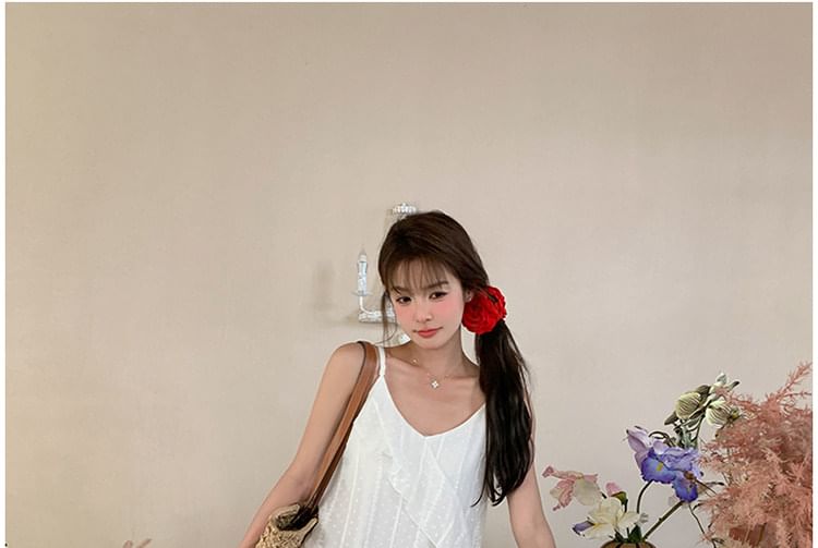 Spaghetti Strap V-Neck Dotted Ruffle Lace Trim Asymmetrical Maxi Sundress