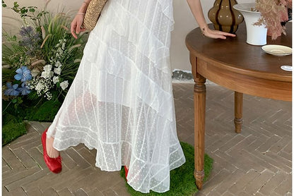 Spaghetti Strap V-Neck Dotted Ruffle Lace Trim Asymmetrical Maxi Sundress