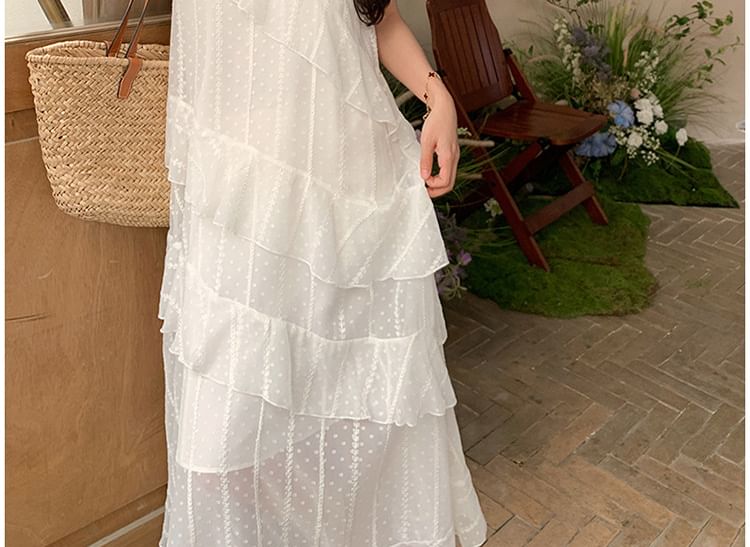 Spaghetti Strap V-Neck Dotted Ruffle Lace Trim Asymmetrical Maxi Sundress