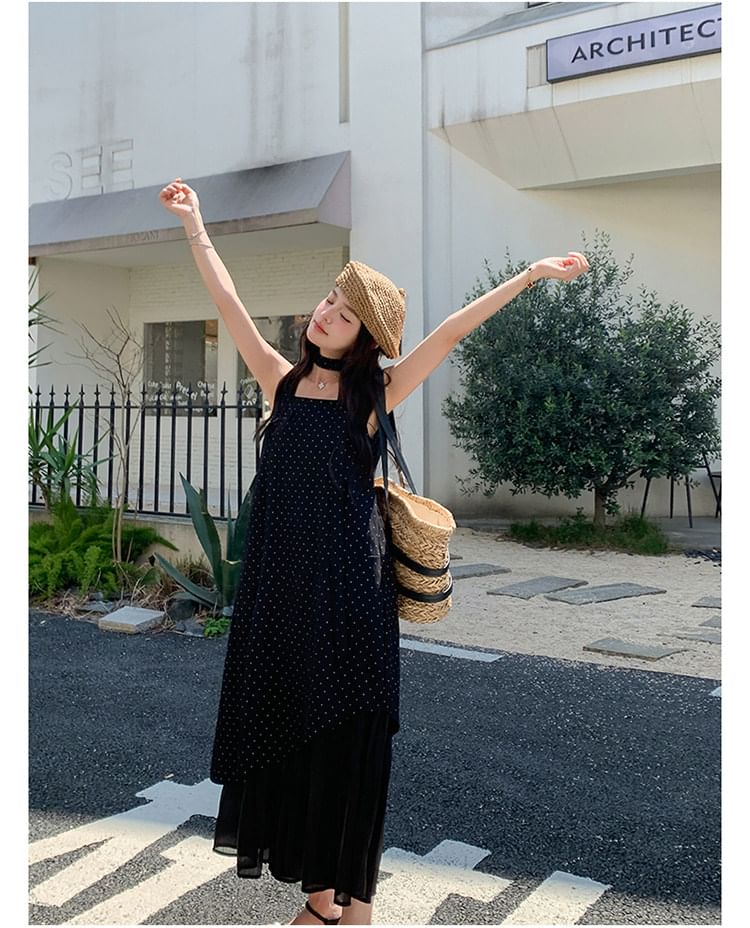 Sleeveless Square Neck Dotted Ruffle Asymmetrical Maxi Sundress