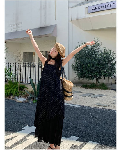 Sleeveless Square Neck Dotted Ruffle Asymmetrical Maxi Sundress