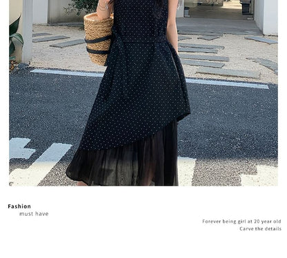 Sleeveless Square Neck Dotted Ruffle Asymmetrical Maxi Sundress
