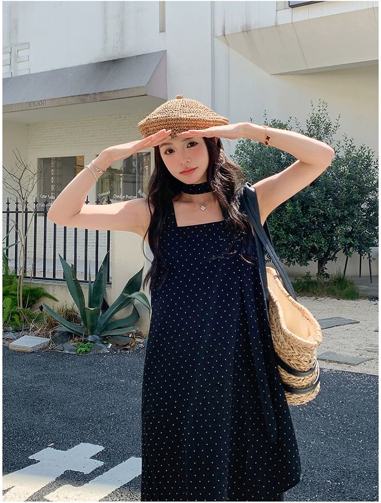 Sleeveless Square Neck Dotted Ruffle Asymmetrical Maxi Sundress