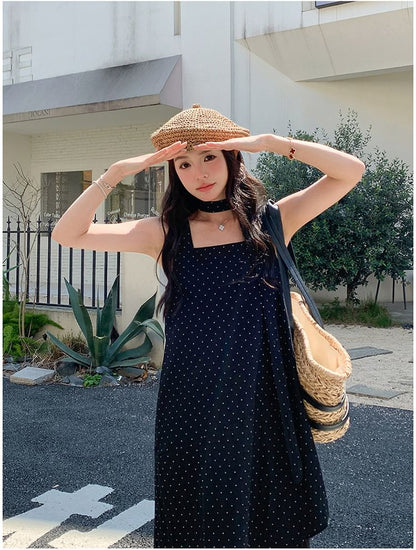 Sleeveless Square Neck Dotted Ruffle Asymmetrical Maxi Sundress