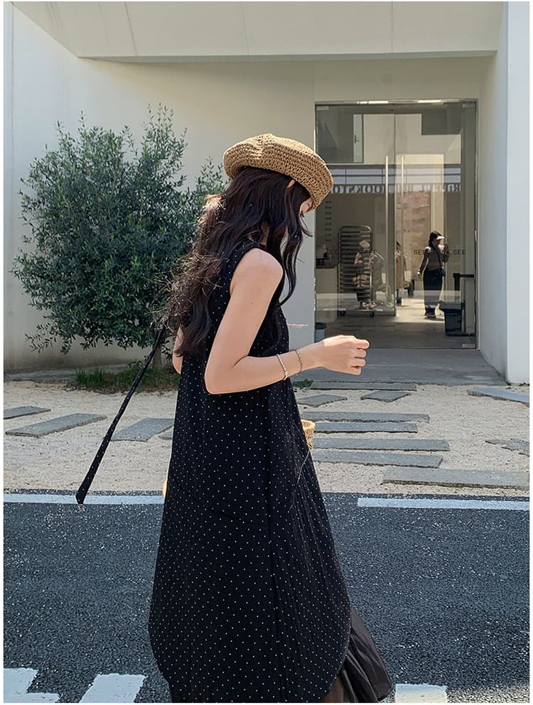 Sleeveless Square Neck Dotted Ruffle Asymmetrical Maxi Sundress
