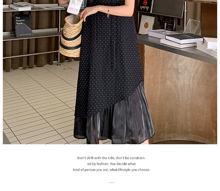 Sleeveless Square Neck Dotted Ruffle Asymmetrical Maxi Sundress