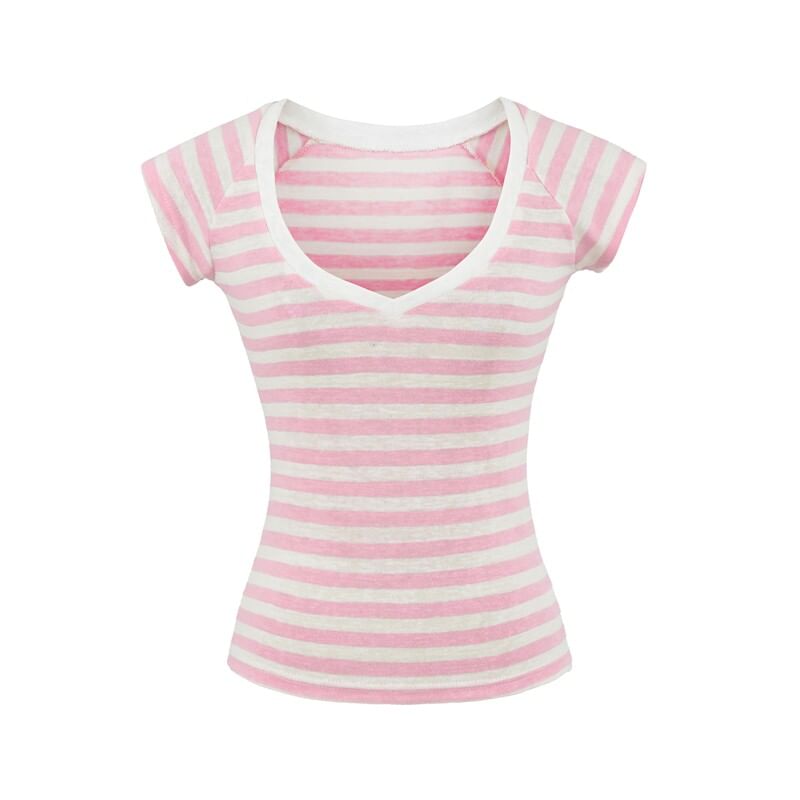 Striped V-Neck Tee with Short Sleeves