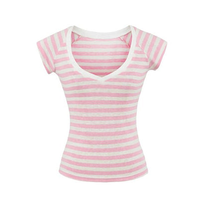 Striped V-Neck Tee with Short Sleeves