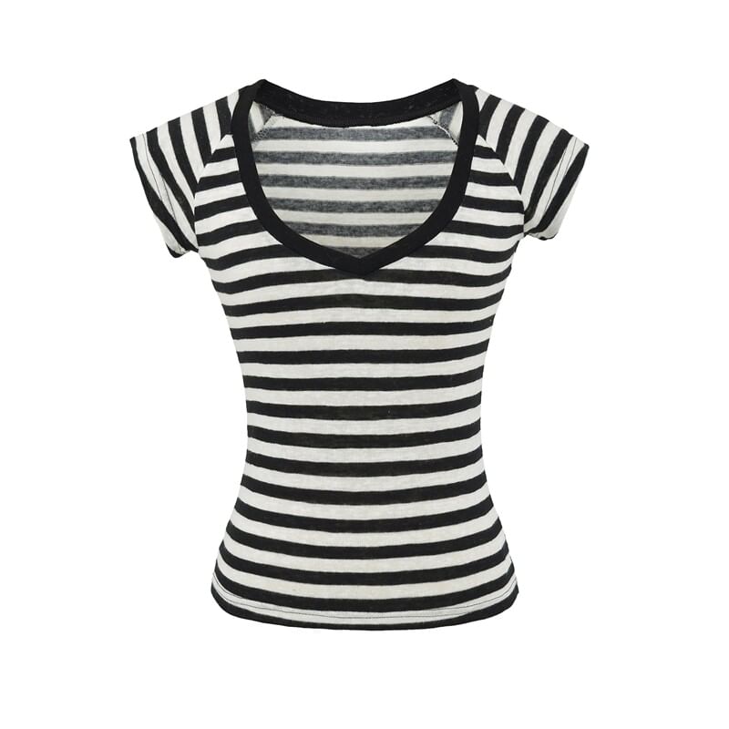 Striped V-Neck Tee with Short Sleeves