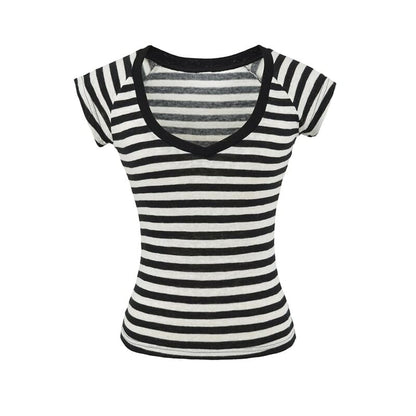 Striped V-Neck Tee with Short Sleeves