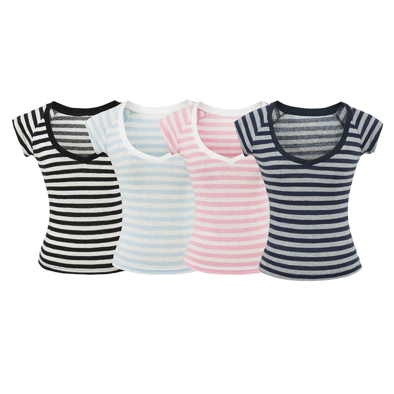 Striped V-Neck Tee with Short Sleeves