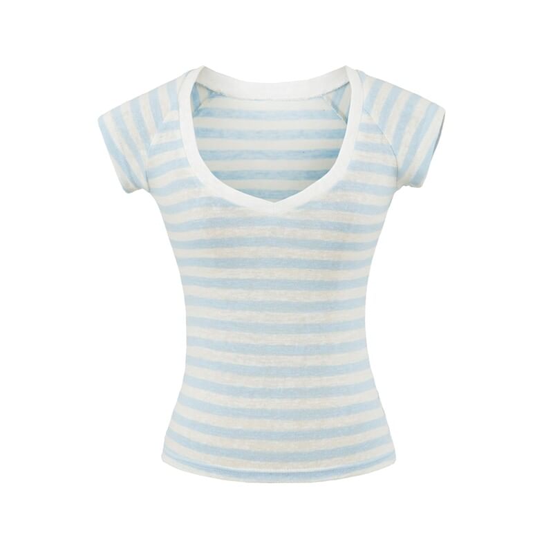 Striped V-Neck Tee with Short Sleeves