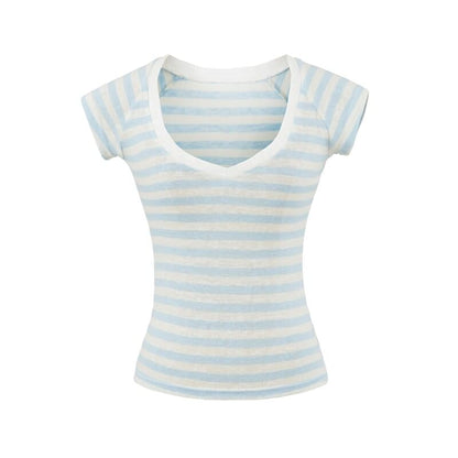 Striped V-Neck Tee with Short Sleeves