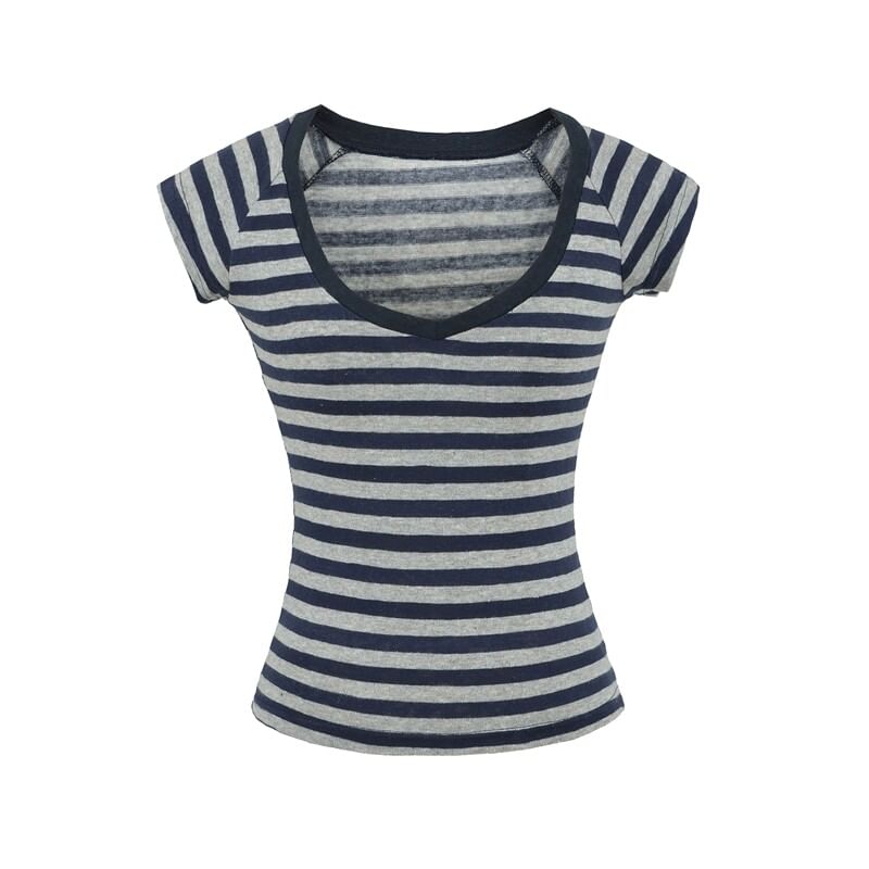 Striped V-Neck Tee with Short Sleeves