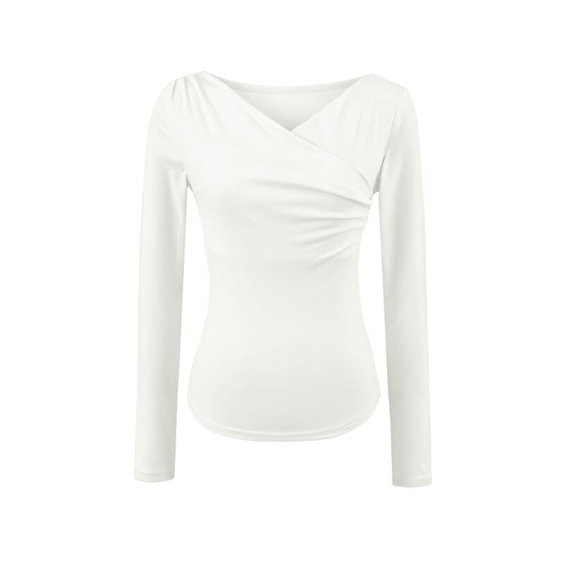 Long Sleeve V-Neck Shirred Top in Solid Hue