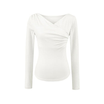 Long Sleeve V-Neck Shirred Top in Solid Hue