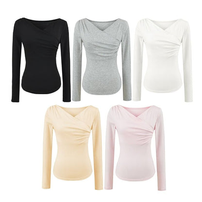 Long Sleeve V-Neck Shirred Top in Solid Hue
