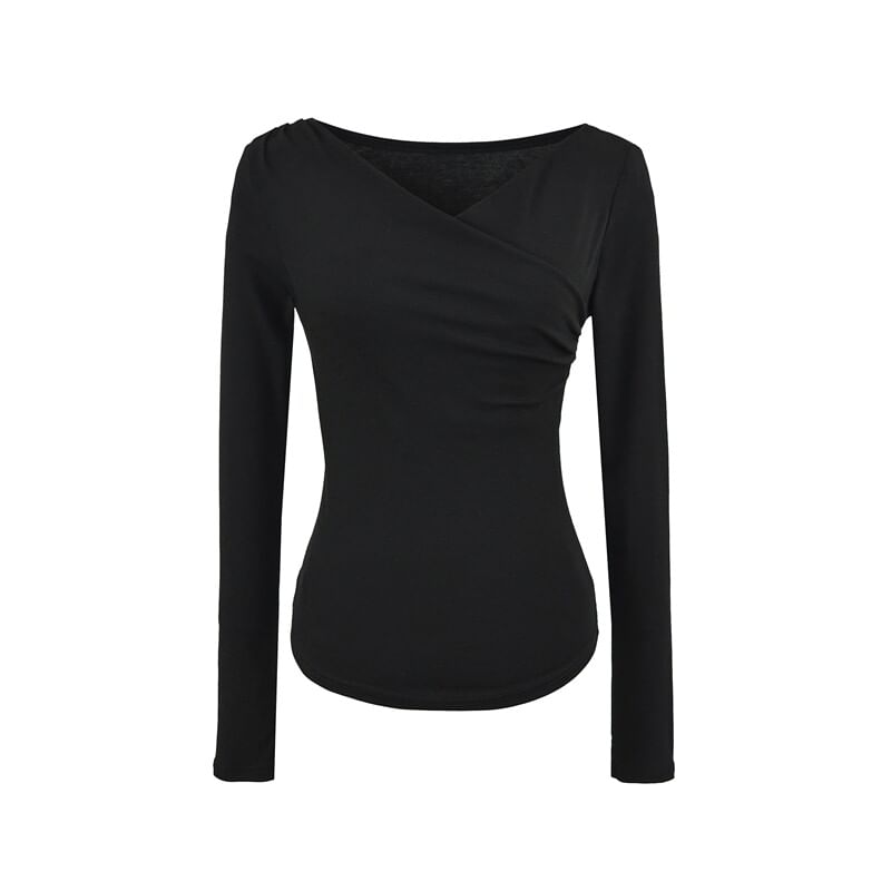 Long Sleeve V-Neck Shirred Top in Solid Hue