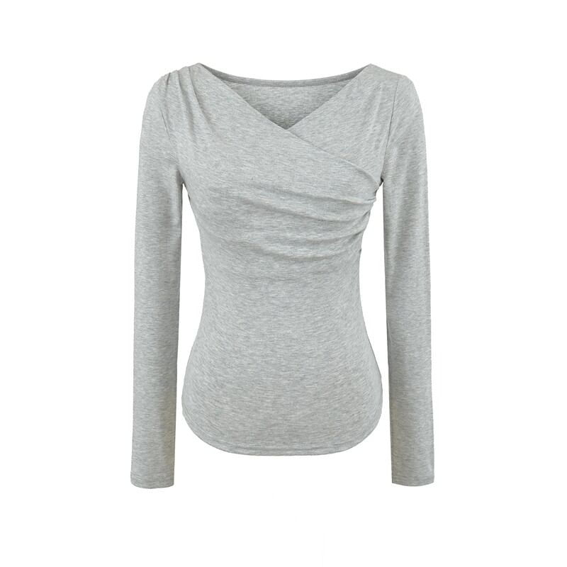 Long Sleeve V-Neck Shirred Top in Solid Hue