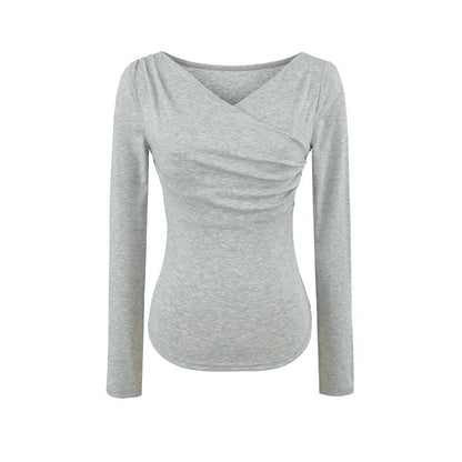 Long Sleeve V-Neck Shirred Top in Solid Hue