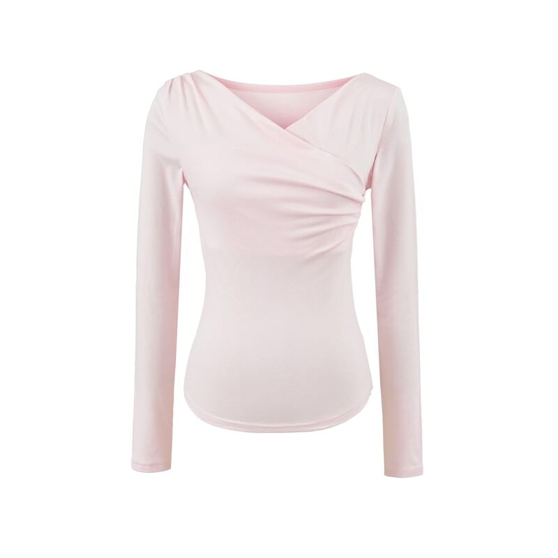 Long Sleeve V-Neck Shirred Top in Solid Hue