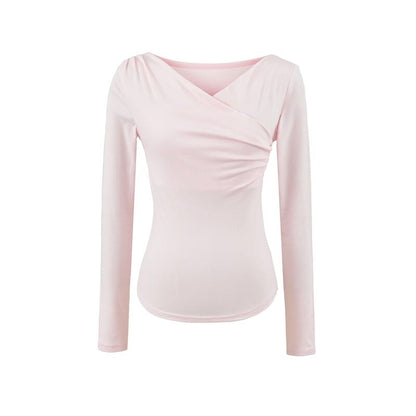 Long Sleeve V-Neck Shirred Top in Solid Hue