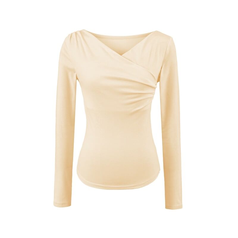 Long Sleeve V-Neck Shirred Top in Solid Hue