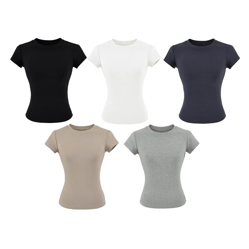 Crew Neck Solid Tee with Short Sleeves