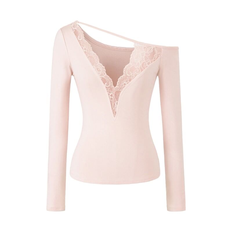 Asymmetric Lace-Trim Long Sleeve V-Neck Tee