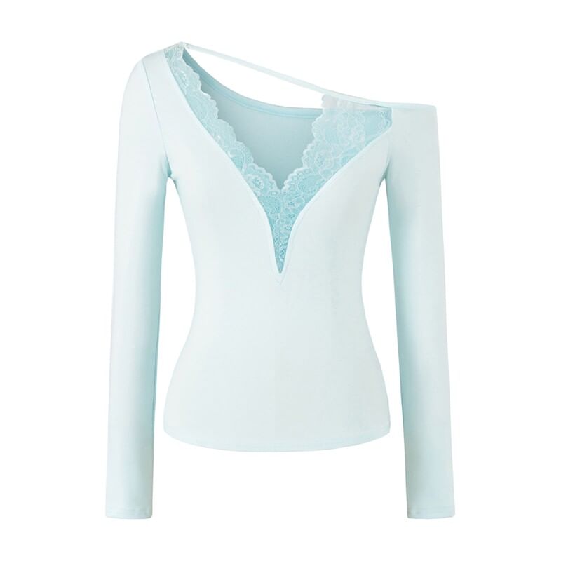 Asymmetric Lace-Trim Long Sleeve V-Neck Tee