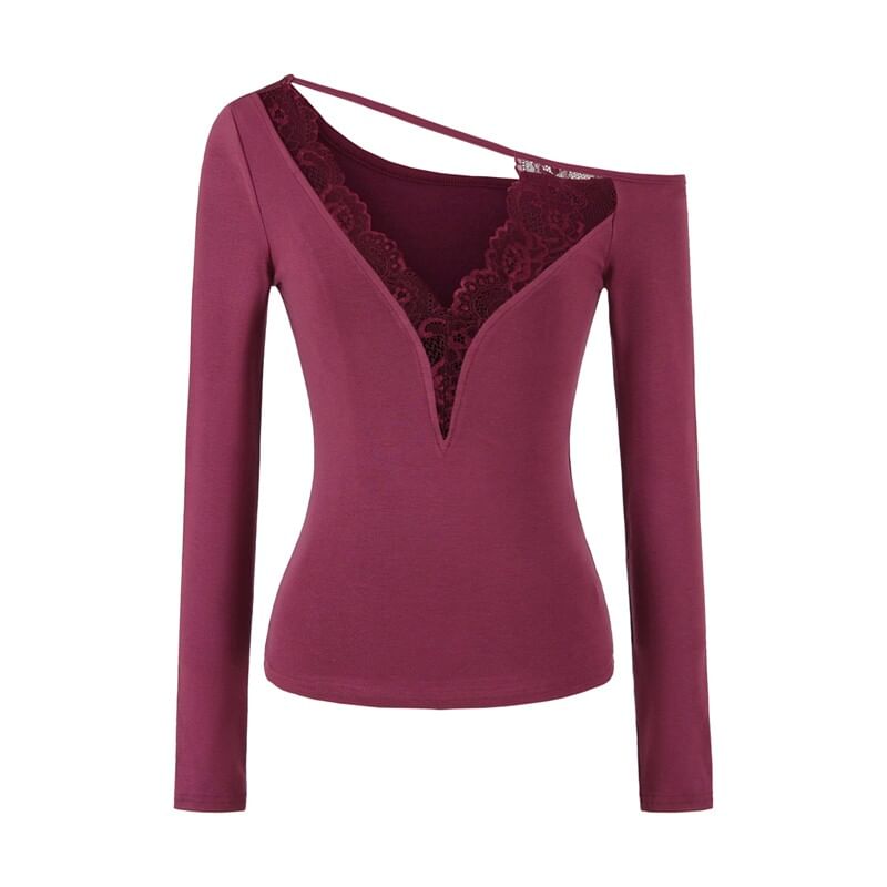 Asymmetric Lace-Trim Long Sleeve V-Neck Tee