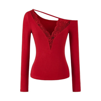 Asymmetric Lace-Trim Long Sleeve V-Neck Tee