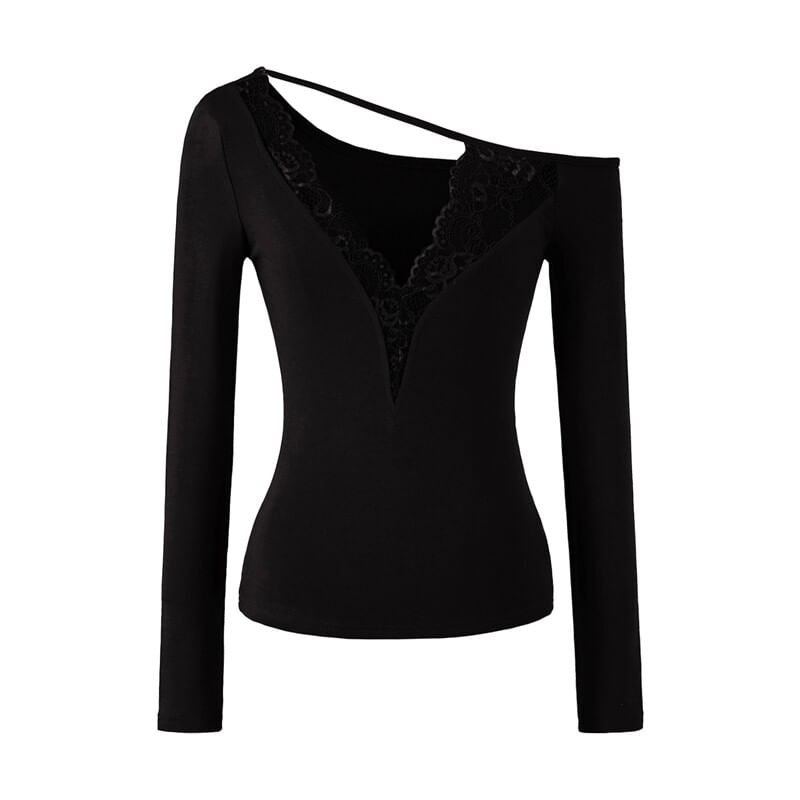 Asymmetric Lace-Trim Long Sleeve V-Neck Tee