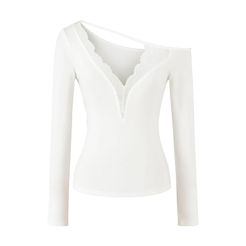 Asymmetric Lace-Trim Long Sleeve V-Neck Tee