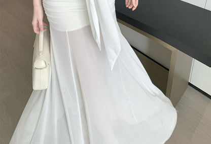 Spaghetti Strap V-Neck Trained Plain Maxi A-Line Dress