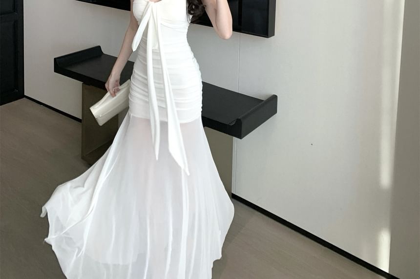 Spaghetti Strap V-Neck Trained Plain Maxi A-Line Dress