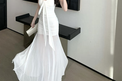 Spaghetti Strap V-Neck Trained Plain Maxi A-Line Dress