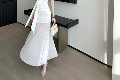 Spaghetti Strap V-Neck Trained Plain Maxi A-Line Dress