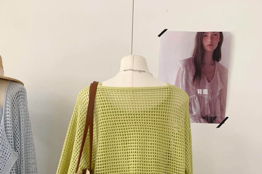 Set: V-Neck Perforated Button-Up Plain Crop Cardigan + Camisole Top
