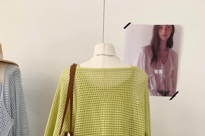 Set: V-Neck Perforated Button-Up Plain Crop Cardigan + Camisole Top