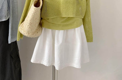 Set: V-Neck Perforated Button-Up Plain Crop Cardigan + Camisole Top