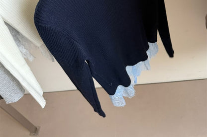 Mock Two-Piece V-Neck Lace Panel Tie Front Button-Up Cardigan