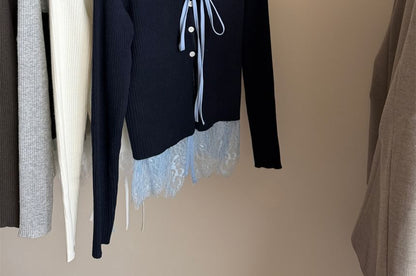 Mock Two-Piece V-Neck Lace Panel Tie Front Button-Up Cardigan