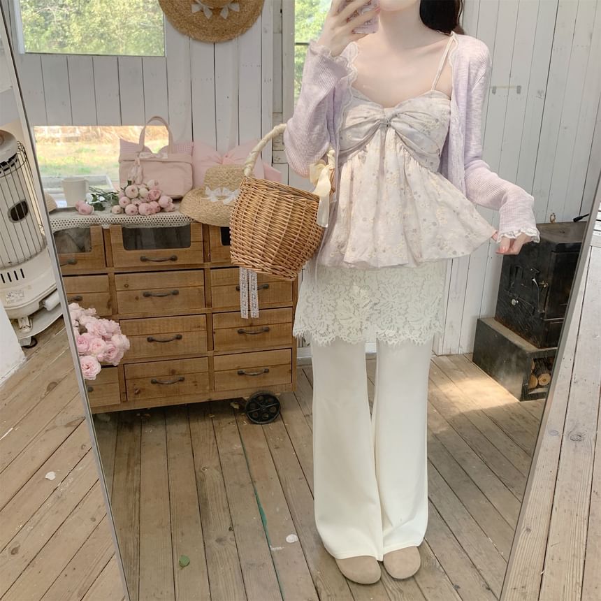 Lace Trim Tie Front Sheer Crop Cardigan