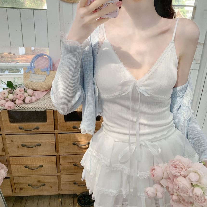 Lace Trim Tie Front Sheer Crop Cardigan