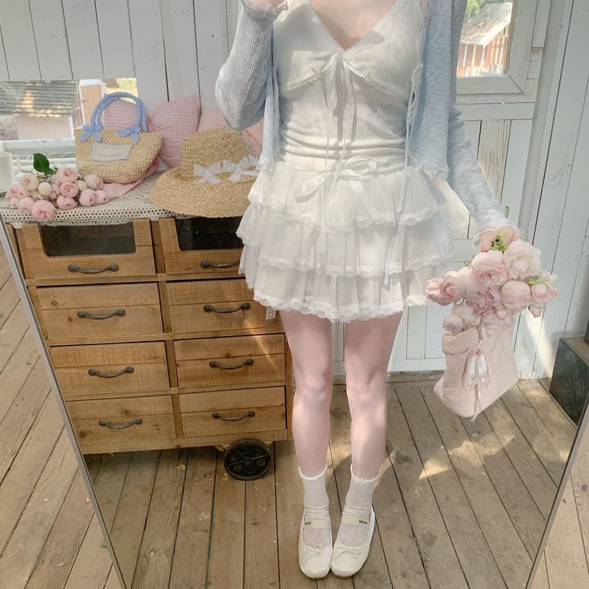 Lace Trim Tie Front Sheer Crop Cardigan